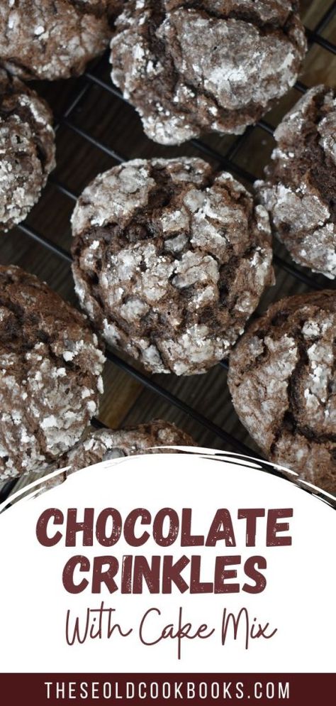 Chocolate Cake Mix Crinkle Cookies Recipe - These Old Cookbooks Chocolate Cake Mix Crinkle Cookies, Chocolate Crinkle Cookies Box Cake, Crinkle Cookies Cake Mix, Cake Mix Crinkle Cookies, Cowboy Cookie Recipe, Cake Mix Recipe, Chocolate Cake Mix Cookies, Gooey Butter Cookies, Crinkle Cookies Recipe