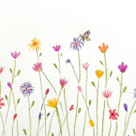 ArtbyGanga - Painting ,Drawing, surface pattern design on Instagram: "Wildflowers in colored pencil #artbyganga #sketchbook @strathmoreart #colorpencil @fabercastellglobal It was much fun to draw this imaginary wildflower field 😊 #art #wildflowers #purple #pink #yellow #red #orange #colorful #beautiful #wildflowergarden #butterfly #artistsoninstagram #artist #instaart #coloredpencil #coloredpencilart #coloredpencilmagazine #flowers #bloom #blossom #flowerstagram #flowerlovers #artlovers #instagram #instagood #instalove" Wildflower Painting Simple, Hand Painted Wild Flowers, Dainty Painted Flowers, Wildflowers Painting Acrylic, Wildflower Field Drawing, Diy Wildflower Painting, Easy Wild Flower Painting, Easy Wildflower Drawing, How To Paint Wildflowers Easy