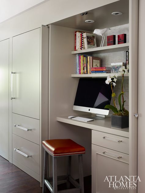 Push back doors over the desk, just like a roll top, hide the mess. Hidden Desk Space, Hidden Office Cupboard, Hidden Office In Kitchen, Hidden Desk In Cabinet, Pocket Door Desk, Desk Hidden In Cabinet, Hidden Desk Cabinet Home Office, Hidden Desk In Kitchen, Hidden Desk In Bedroom