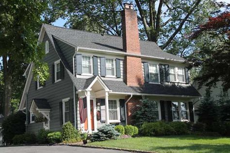 Paint Color Ideas for Colonial Revival Houses - This Old House Amherst Gray, Colonial Revival House, Dutch Colonial Homes, Fine Paints Of Europe, Navajo White, Paint Palettes, Paint Color Ideas, Brick Chimney, Light Gray Paint