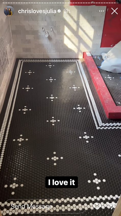 Penny Tile Bathroom Floor Patterns, Black Penny Tile Bathroom, Penny Tile Bathroom Floor Black, Bathroom Floor Black, Penny Tile Patterns Bathroom Blog, Black And White Penny Tile Shower Floor, Mosaic Tile Floors, Black Penny Tile With White Border, Steakhouse Restaurant Design