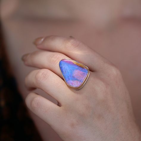 Jamie Joseph | Large Boulder Opal Vertical Silver and Gold Ring at Voiage Jewelry Large Opal Ring, Silver And Gold Ring, Diamond Settings, Jewelry For Her, Contemporary Jewellery, Opal Ring, Stone Cuts, Boulder Opal, Sterling Silver Bands