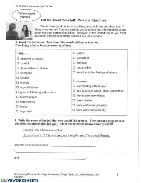 Job interview interactive and downloadable worksheet. You can do the exercises online or download the worksheet as pdf. Job Readiness Activities, Job Interview Worksheet, Personal Qualities, Job Info, Personal Pronouns, Interview Skills, Creative Jobs, Job Interview Questions, English Language Teaching