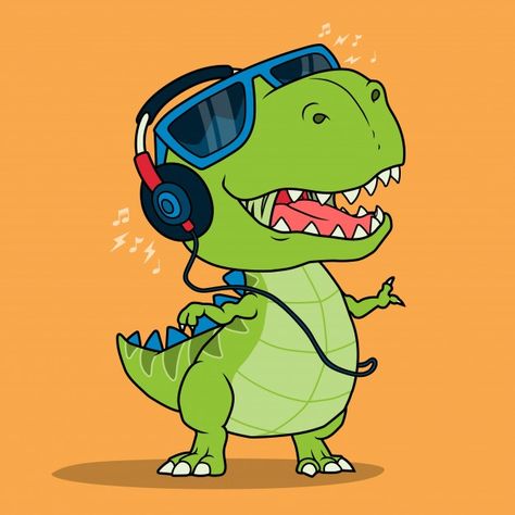 Cool dinosaur listening music with headp... | Premium Vector #Freepik #vector #character #cartoon #animal #cute Cartoon Dinosaur Drawing, T Rex Cartoon, Beautiful Pencil Drawings, Cool Dinosaurs, Dinosaur Posters, Listening Music, Music Cartoon, Easy Drawing Steps, Cartoon Sketches