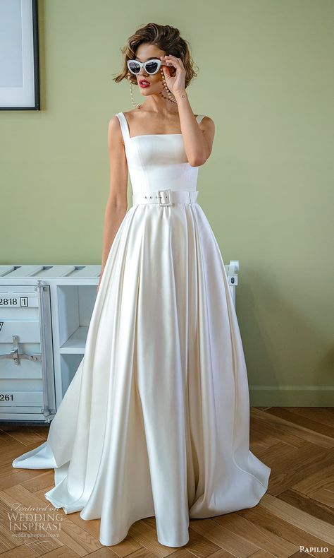 Aline Wedding Dress 2023, Modern Square Neck Wedding Dress, Wedding Dress With Belt Buckle, Square Neck Wedding Dress With Belt, White Square Neck Wedding Dress, Straight Neck Line Wedding Dress, A Line Minimalist Wedding Dress, Silk Bride Dress, Belted Wedding Dress