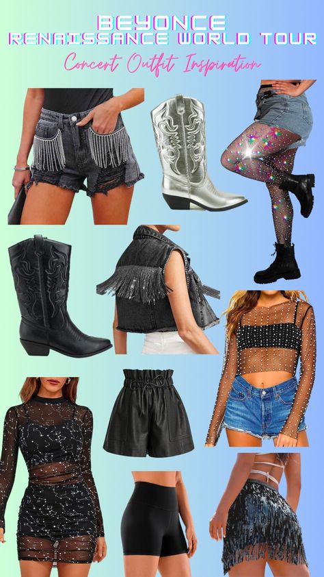 Concert outfit inspo. Metallic. Rhinestones. Cowboy boots. Rennaisance Outfits Beyonce Concert, Rug On Top Of Carpet, Beyonce Concert Outfit Ideas, Beyoncé Concert Outfit, Beyonce World Tour, Concert Outfit Inspiration, Summer Music Festival Outfits, Beyoncé Concert, Beyonce Concert Outfit