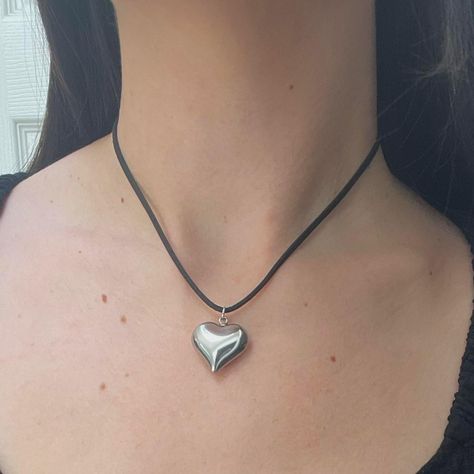 Metal Heart Necklace, Silver Heart Pendant Necklace, Chunky Heart Necklace, String Heart, Suede Cord Necklace, Necklace String, Puffy Heart Necklace, Heart Necklace Silver, Necklace Outfit