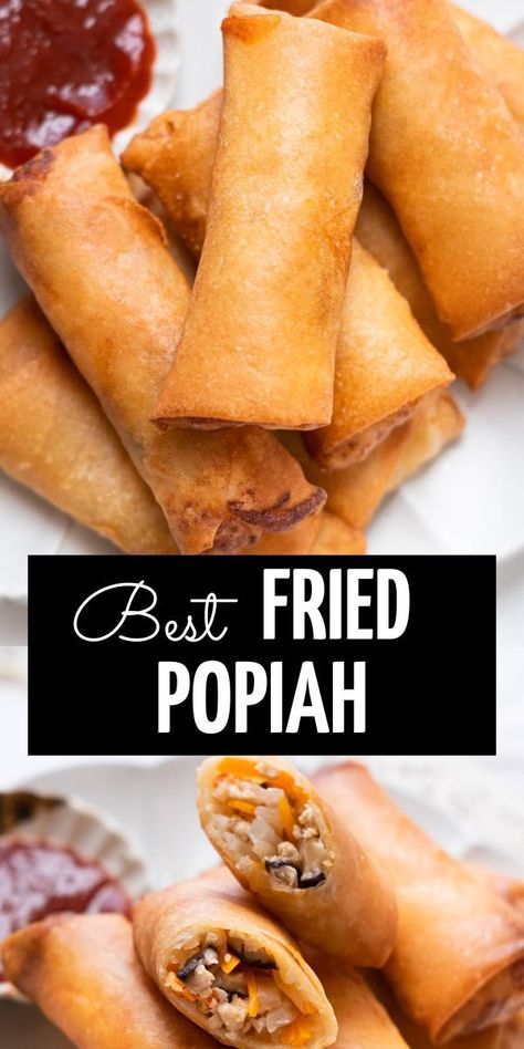 Fried popiah is a crispy Malaysian fried spring roll loaded with a tasty mix of veggies, chicken, shrimp, and simple seasonings. These spring rolls are super easy to whip up and make a great snack or party dish with a perfect crunchy bite! Easy Authentic Chinese Recipes, Crispy Recipes, Fried Spring Rolls, Chicken Shrimp, Rasa Malaysia, Authentic Chinese Recipes, Takeout Food, Spring Roll, Delish Recipes