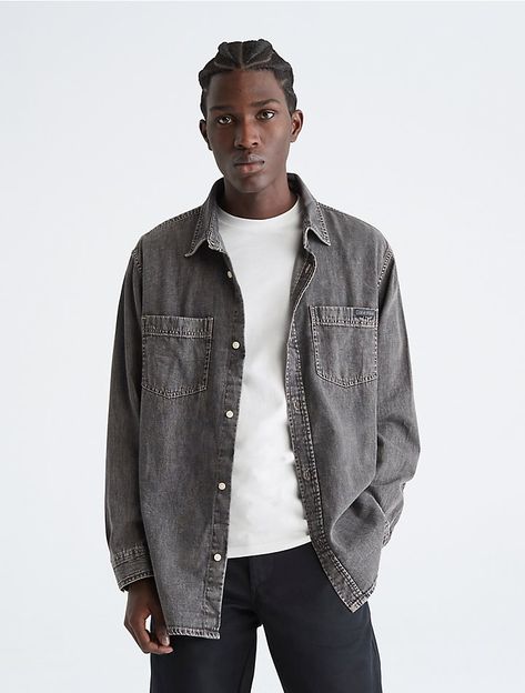 Long Sleeve Denim Button-Down Shirt, Vegabond Grey Denim Shirt Men, Grey Denim Shirt, Denim Shirt Outfit, Calvin Klein Shop, Button Ups, Denim Shirt Men, Streetwear Men, Streetwear Men Outfits, Denim Button Down