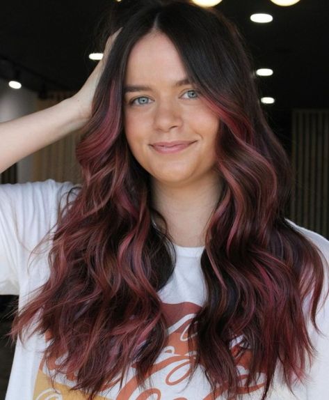 Muted Pink Highlights for Dark Brown Hair Pink Hair On Brown Hair, Pink Highlights On Brown Hair, Dark Hair With Pink Highlights, Hair Pink Streaks, Cool Pink Hair, Pink Highlights In Brown Hair, Brown Hair Underneath, Brown Hair With Pink Highlights, Streaks Hair