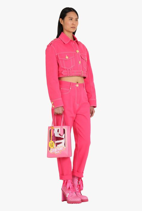 Balmain x Barbie Pink Calfskin Folded Shopping Bag for Women - Balmain.com Balmain X Barbie, Balmain Barbie, Bougie Closet, Folding Shopping Bags, Bag Collection, Bag For Women, Leather Handle, Small Bags, Shoulder Bag Women