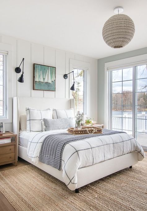 cozy winter master bedroom lake house. White and gray bedding and walls #bedroom #lakehouse #coastaldesign Lakeside Bedroom Ideas, Cozy Lake House Bedroom, Lakehouse Bedroom Master Suite, Small Lake House Interior, White And Gray Bedding, White And Gray Bedroom, Nantucket Design, Lake House Bedroom Ideas, Lake House Master