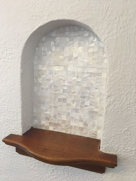 Arched Wall Niche, Wall Nooks, Niche Decor Ideas, Ideas For Small Home, Tile Niche, Wall Niche Ideas, Grotto Design, Recessed Wall Niche, Mother Of Pearl Tile