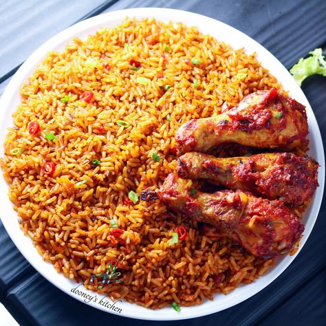 Jollof rice is one of the most common dishes in Western Africa, consumed throughout the region including Senegal, Gambia, Nigeria, Sierra Leone, Liberia, Togo, Cameroon, Mali and Ghana. There are several regional variations in name and ingredients, with non-local versions regarded as "inauthentic". The name Jollof rice derives from the name of the Wolof people, though now called theibou dienn or benachin. In French-speaking areas, it is called riz au gras. Jollof Rice Nigerian, Recipe For Rice, Ghanaian Food, African Recipes Nigerian Food, Rice And Chicken, How To Cook Greens, West African Food, Nigerian Recipes, African Cooking