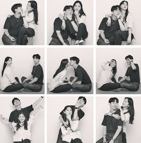 Self Studio Poses Couple, Couple Poses For Studio Photoshoot, Self Shoot Studio Prenup, Couple Photostudio Poses, Self Shoot Studio Poses Couple Cute, Couple Portraits Studio Photo Ideas, Self Studio Couple Pose, Couple Self Studio Photoshoot Ideas, Couple Poses In Studio