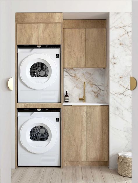 Cabinet For Stackable Washer And Dryer, Laundry Sink Cabinet Ideas, Laundry Room With Sink Design, Laundry Wall Cabinets, Small Apartment Kitchen Ideas Layout, Laundry Sink Ideas, Laundry Cabinet Ideas, Wooden Laundry Room, Wash Cabinet