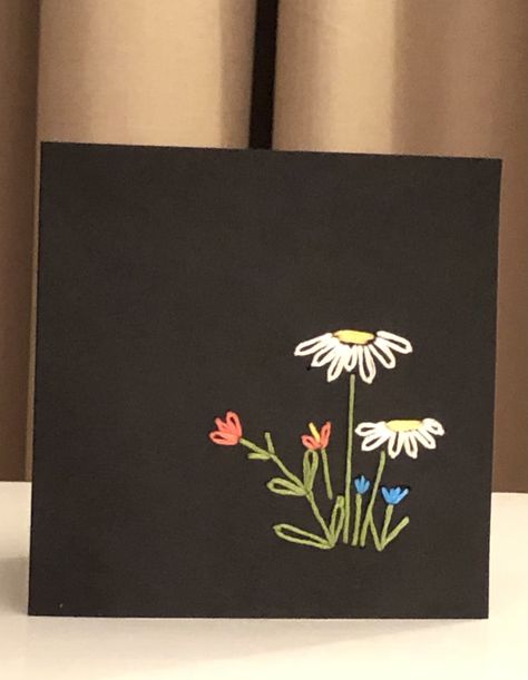 Hand embroidered birthday card. Drew pattern, punched strategic holes, sewed using embroidery silk. Paper Embroidery Patterns Free, Embroidery Cards Pattern, Embroidered Cards, Greeting Cards Quotes, Daisy Cards, Embroidery Cards, Card Model, Card Pattern, Paper Embroidery