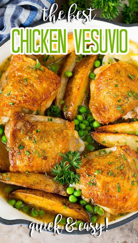 This chicken Vesuvio is tender chicken thighs and potato wedges that are roasted until golden brown, then served with peas and a white wine sauce. Chicken Vesuvio Recipe, Chicken Vesuvio, Chicken Fricassee, Favorite Recipes Chicken, Pork Chicken, White Wine Sauce, Duck Recipes, Spicy Shrimp, Turkey Dinner