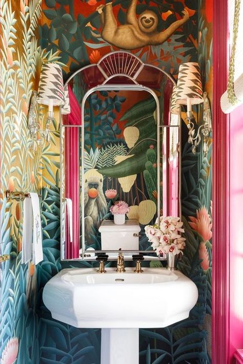 Maximalist Interior, Bathroom Decor Ideas Colors, Maximalism, Bathroom Wallpaper, Beautiful Bathrooms, Bathroom Inspiration, The Bathroom, 인테리어 디자인, Bathroom Interior Design