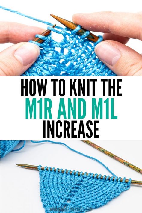 How to knit the M1R and M1L knitting increases. A very detailed step-by-step tutorial for knitting beginners on how to M1L and M1R. If you are just starting to learn how to knit, then this will be perfect. The two increases, make one left and make one right, form a pair to increase a project evenly on both sides. Click to findout how:  #knitting #knit #yarn #diy #tutorial M1r Knitting, M1l Knitting, Knitting Beginners, Knitting Increase, Advanced Knitting, Knitting Hacks, Knitting Help, Knitting Stitches Tutorial, Knitting Basics