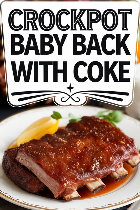 Crockpot baby back ribs with barbecue sauce on a plate, garnished with lemon wedges. Crockpot Coke Ribs, Ribs In Crockpot With Coke, Slow Cooker Ribs With Coke, Pork Baby Back Ribs Crock Pot, Crockpot Baby Back Ribs Recipes, Rib Tips Recipe Crockpot, Crockpot Barbecue Ribs, Crockpot Spare Ribs Slow Cooker, Rib Recipes Slow Cooker