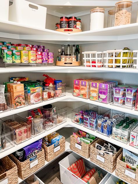 A beautifully organized pantry, including the before photo of a messy pantry. Healthy Organized Pantry, How To Organize Canned Goods In Pantry, Pantry Organization Clear Containers, Pantry Organization Ideas Clear Bins, Clear Bin Pantry Organization, Organized Pantry Aesthetic, Food Pantry Shelving Ideas, Healthy Pantry Organization, Healthy Snacks For Pantry