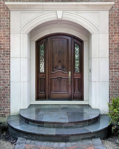 Beautifully stained front door Boxwood Shrub, House Entrance Doors, Tor Design, Front Door Makeover, Main Entrance Door Design, Main Entrance Door, Entry Stairs, Wooden Main Door, Wooden Main Door Design