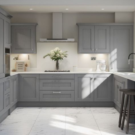 Shaker doors have a simple design with a recessed centre panel surrounded by a 4-piece frame. It's a versatile door that looks great in any kitchen. Popular with those seeking a traditional look, this timeless classic gets a modern twist with a narrower frame. Check out the fab Mornington Shaker in Dust Grey. A high-end door with a solid ash frame. It's perfect in this matt painted, grained finish. On-trend handles add to the look. Stylish and affordable. What's not to like? Take a peek! 😊 Kitchen Cupboard Colours, Shaker Kitchen Doors, Kitchen Door Designs, Shaker Style Kitchen Cabinets, Grey Shaker Kitchen, Shaker Style Kitchen, Grey Kitchen Designs, Shaker Style Kitchens, Shaker Doors