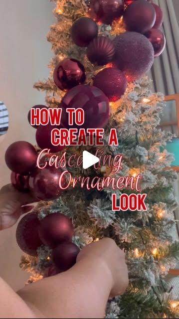 Ivey | Lifestyle + Home on Instagram: "Hey, love bugs! Check out this quick tutorial on how to create a cascading ornament look on your Christmas tree. This is much quicker than adding each ornament one by one. It also makes taking the ornaments down quick and easy. 

#ornamentclusters #ornaments #christmas #christmasdecor #christmastree #diychristmas #diychristmasdecor #christmasdiy #christmastips #christmasvideos #viralchristmas #christmastutorial #christmastreedecorating #ornamentstrands #burgundychristmas #ornamentcluster" Christmas Ornaments Garland On Tree, 3 Ornaments Tied Together On Christmas Tree, How To Cover Ornaments With Fabric, Christmas Ornament Ball Clusters, Cluster Tree Ornaments, Bulb Garland Christmas Tree, How To Put Christmas Balls On Tree, Stringing Ornaments Together, Diy Ornament Clusters On Tree