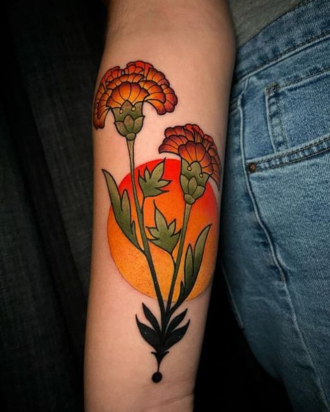 Dames Rocket Flower Tattoo, Traditional Floral Knee Tattoo, Neotraditional Cactus Tattoo, Orange Daisy Tattoo, Neo Traditional Marigold Tattoo, Marigold Flower Tattoo Traditional, Graphic Flower Tattoo, Floral Tattoo Traditional, Neo Traditional Sunflower Tattoo