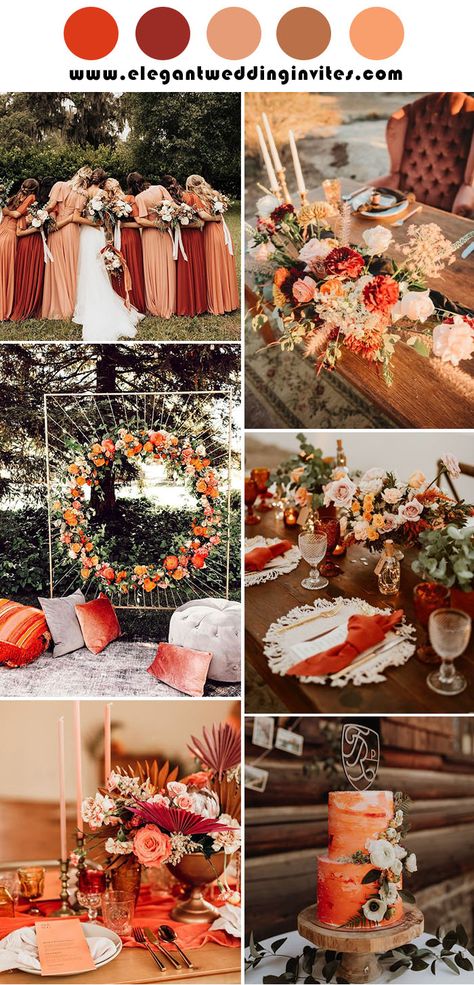 Rust Wedding Decor Color Palettes, Red Fall Wedding Theme, Fall Wedding Colors Pink, Red And Orange Wedding Theme, Rust Wedding Color Colour Palettes, Rust Red Wedding, Cinnamon Wedding Color Scheme, Rust And Blush Wedding, Sunset Terracotta Wedding