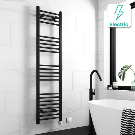 Barcelona Electric Matt Black Straight Heated Towel Rail 1600x400mm | Bathroom Mountain Bathroom Mountain, Walk In Shower Enclosures, Straight Baths, Modern Basin, Freestanding Bath Taps, Black Radiators, Plumbing Accessories, Towel Ladder, Traditional Toilets