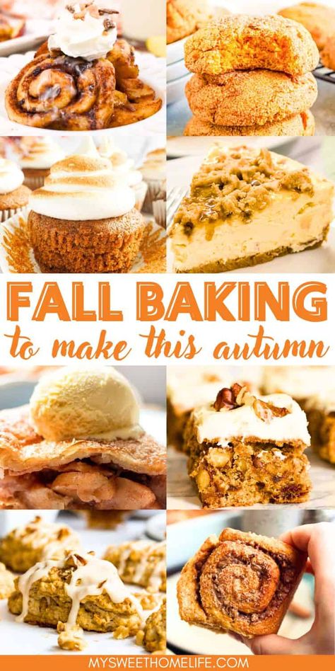 Get ready to fill your home with the warm and inviting scents of pumpkin, apple, and cinnamon with this collection of fall baking ideas. They're perfect for cozying up on a chilly autumn day. Decadent Fall Desserts, Weekend Baking Ideas, Autumn Sweet Treats, Autumn Deserts Ideas, Cozy Fall Treats, Fun Fall Baking Recipes, Fall Pastry Ideas, Fall Themed Baked Goods, Fall Deserts Autumn