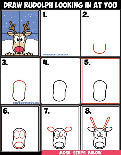 How to Draw Rudolph the Red Nosed Reindeer Looking in Window Easy Step by Step Drawing Tutorial Art Lesson for Kids on Christmas Rudolph Directed Drawing For Kids, How To Draw Reindeer Step By Step, Christmas Directed Drawing Kindergarten, Reindeer Directed Drawing For Kids, How To Draw Rudolph Step By Step, Directed Drawing For Kids Christmas, Reindeer Art Projects For Kids, How To Draw Rudolph, Christmas How To Draw