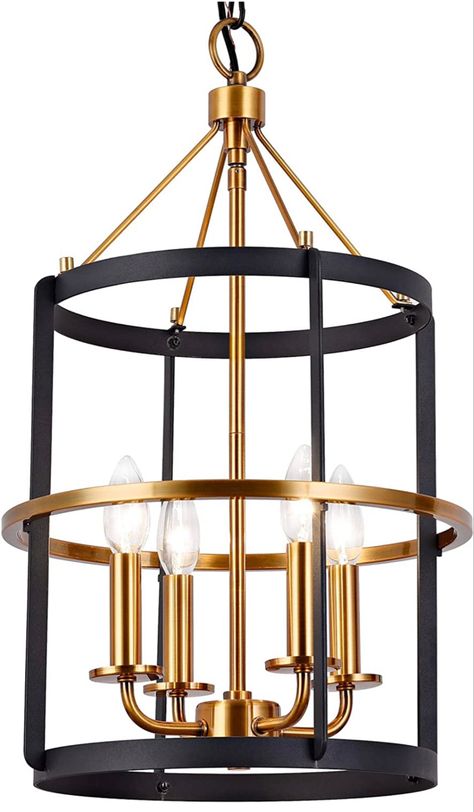 Modern Chandelier,4-Light Lantern Pendant Light,Matte Black and Brass Finish, Light Fixtures Ceiling Hanging,Chandelier Light Fixture for DiningRoom,Kitchen,Foyer,Entryway Black And Gold Chandelier Over Bathtub, Black And Gold Foyer Light, Front Entryway Lighting, Black And Gold Pendant Light Kitchen, Entrance Chandelier Entryway, Foyer Lighting Fixtures Entryway, Masjid Design, Entry Light, Entry Chandelier