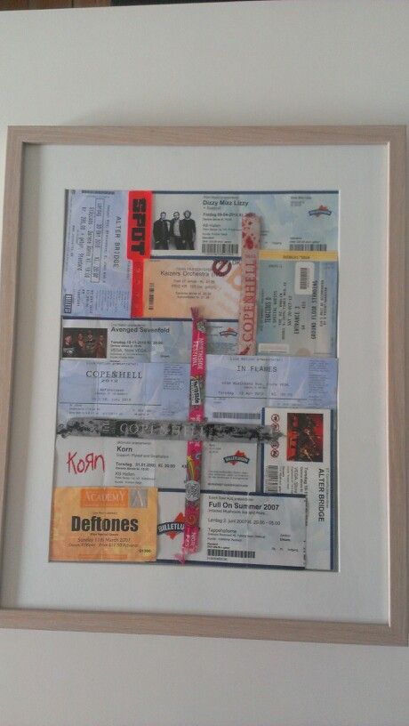 Display of concert tickets! Concert Memorabilia Display, Framed Tickets, Concert Display, Concert Wristband, Concert Ticket Display, Ticket Ideas, Ticket Display, Memorabilia Display, Ideas Regalo