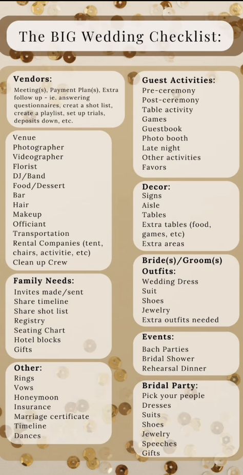 Wedding Lists Planning Cheat Sheets, What All Do I Need For A Wedding, Planning My Own Wedding, Wedding Ideas Set Up, Wedding #, Elements Of A Wedding, Ultimate Wedding Decor Checklist, Wedding Items List, Bride To Do List Things To Do