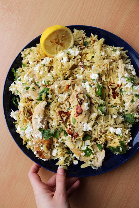 Lemon Pepper Chicken With Orzo, Chicken Feta Orzo, Creamy Feta Pasta, Lemon Feta Chicken, Orzo Feta, Chicken With Orzo, One Pan Meal, Feta Chicken, Lemon Pepper Chicken