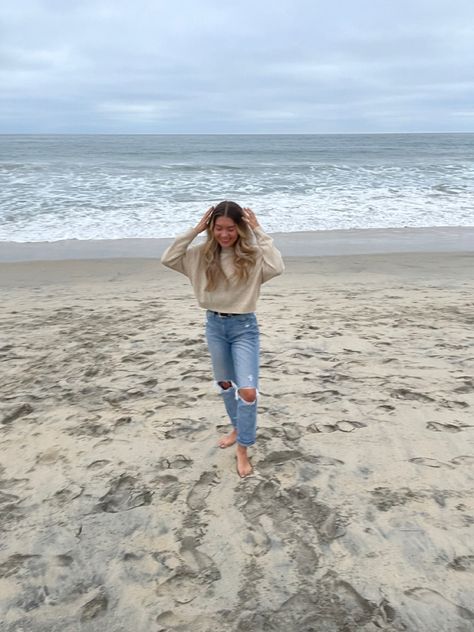 Beach, Ripped Jeans, Light Sweater, Cropped Sweater, Beach Outfit, Winter Beach Outfit, Outfit Ideas, Beach Outfit Inspo, Beach Aesthetic, Blue Aesthetic, Gloomy Beach Day, Monochrome, Ocean, Sand, Womens Denim, Ripped Jeans Outfit, Vacation Outfit Cold Beach Day Outfit Winter, Cold Beach Day Outfit, Cold Beach Day, Gloomy Beach, Winter Beach Outfit, Outfit Inspo Beach, Outfit Ideas Beach, Ripped Jeans Outfit, Ocean Sand