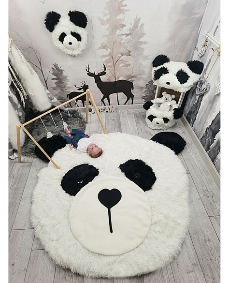 Panda Adventure Baby Nursery Rug, Woodland Theme, Pictured Rug 45" #PandaNursery #NurseryDecor #BabyGift #BabyRoom #BabyNurseryRug #AdventureNursery #CuteAnimalDecor #PandaAdventure #WoodlandTheme #PersonalizedRug Panda Nursery Theme, Baby Nursery Rug, Panda Bedroom, Panda Rug, Baby Nursery Rugs, Panda Nursery, Cow Nursery, Room Decor Unique, Personalized Rug