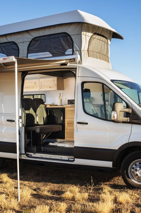 "Blanca" Vanlife Customs Pop Top Transit - Sleep 4, Seat 4 — Custom Van Builder | Vanlife Customs Van With Pop Up Roof, Sprinter Van Pop Top, Camper Van 4 Seats, Sprinter Pop Top, Pop Top Van Conversion, Ford Transit Camper Conversion Family, Camper Van Pop Up Roof, Pop Top Van, Pop Top Camper Van