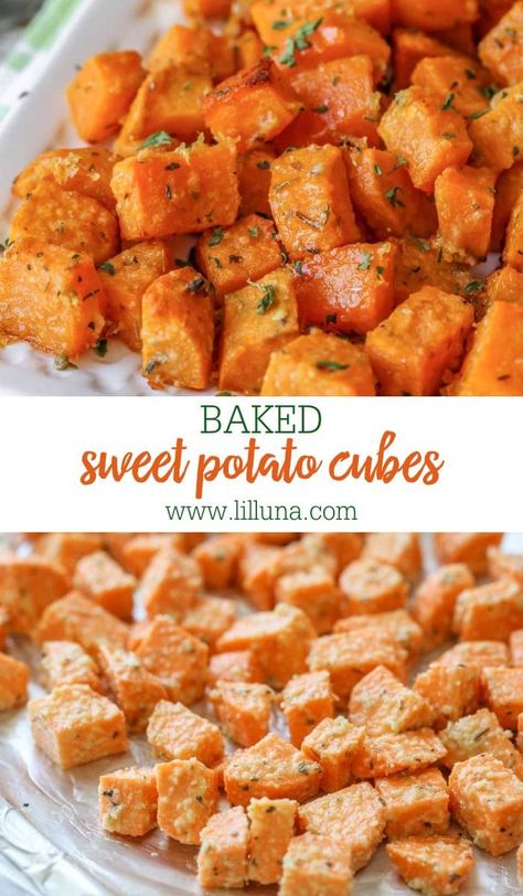 Cubed Sweet Potatoes Baked, Baked Sweet Potato Cubes, Parmesan Sweet Potatoes, Sweet Potato Cubes, Roasted Sweet Potato Cubes, Potato Cubes, Sweet Potato Side Dish, Sweet Potato Sides, Oven Roasted Sweet Potatoes