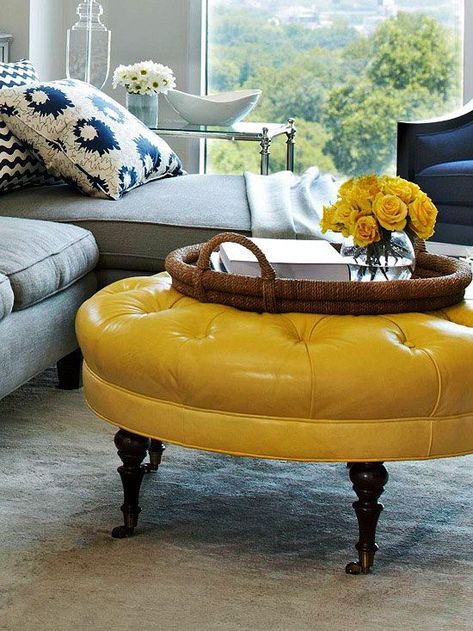 Avoid These 5 Decorating Mistakes That Make Your Home Look Messy! Yellow Ottoman, Modern Apartment Decor, Table Ottoman, Farmhouse Side Table, Cute Dorm Rooms, Room Transformation, Yellow Leather, A Living Room, Dorm Room Decor