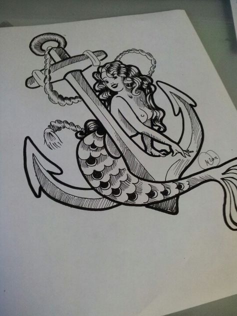 Mermaid And Anchor Tattoo, Mermaid Pisces Tattoo, Mermaid On Anchor, Mermaid Anchor Tattoo, Sketch Tips, Pin Up Mermaid, Design Quotes Art, Pin Up Girl Tattoo, Mermaid Stories