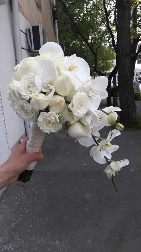 Orchids And Peonies, White Orchid Bouquet Wedding, Hanging Bridal Bouquet, Bouquet Wedding Orchid, Waterfall Wedding Bouquets, Wedding Bouquets Orchids, Wedding Bucket Flowers, Orchid Wedding Theme, White Orchid Bouquet