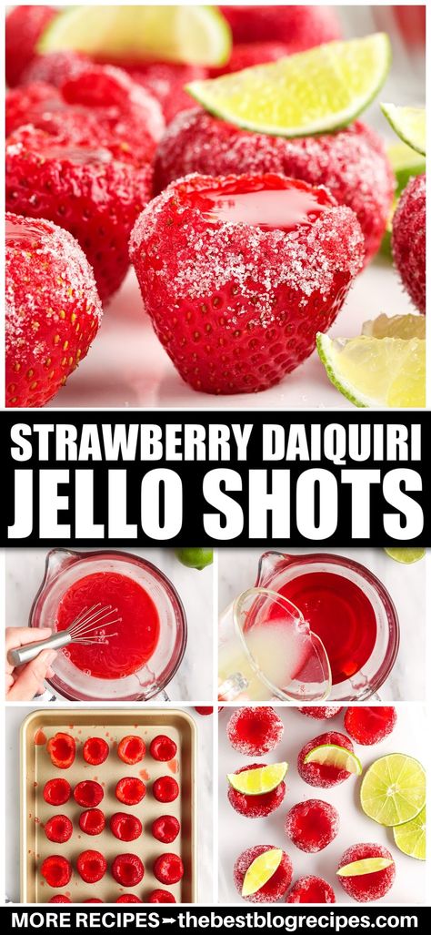 Strawberry daiquiri jello shots are a fun and refreshing boozy treat. These tasty adults-only treats are like a dessert and cocktail all in one! Strawberry Daiquiri Jello Shots, Rum Jello Shots, Strawberry Jello Shots, Holiday Shots, Strawberry Daiquiri Recipe, Jello Shooters, Daiquiri Recipe, Jello Shot Recipes, Strawberry Jello