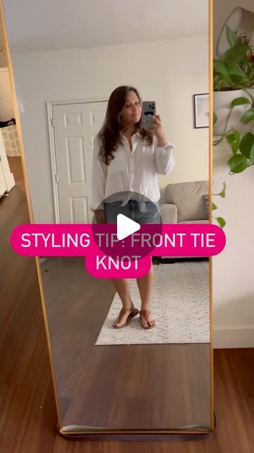 Shreya Gupta on Instagram: "Styling tip- how to get that front tie knot look without actually tying your shirt into a knot! This creates a more effortless, and cleaner look, and doesn’t wrinkle your shirt as much. Try it and let me know what you think 🥰

#petitefashion #petiteblogger #stylingtips #stylingtipsandtricks #fronttietop #fashionreels #stylingreels #fashionblogger #bayareafashionblogger" Knot Shirt Outfit, Shreya Gupta, How To Tie A Shirt Knot, Petite Bloggers, Knot Shirt, Front Tie Top, Tie Knots, Petite Fashion, What You Think