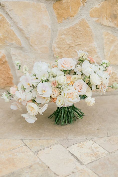 Elegant micro wedding inspiration on the Central Coast of California - 100 Layer Cake Micro Wedding Bouquet, White And Peach Wedding Flowers, September Wedding Florals, Cream And Peach Wedding Flowers, Peach Pink White Wedding Flowers, White Blush Peach Wedding Flowers, Micro Elopement, White And Apricot Bouquet, Wedding Cake Peach Flowers