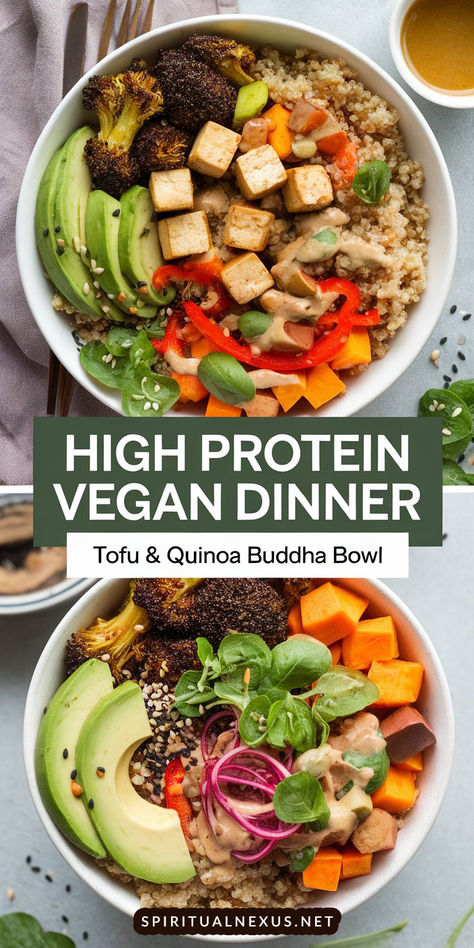 Fuel your body with this high protein vegan dinner! Tofu, quinoa, and vibrant veggies combine for a perfect plant-based bowl. 🥗 #HighProteinVegan #VeganMeals Quinoa And Tofu Bowl, Tofu With Quinoa, High Protein Vegan Buddha Bowl, Vegetarian High Protein Salads, High Protein Vegan Bean Recipes, Hi Protein Vegan Meals, Easy High Protein Plant Based Meals, Vegan Protein Bowl Recipes, Vegan Protein Salad Recipes