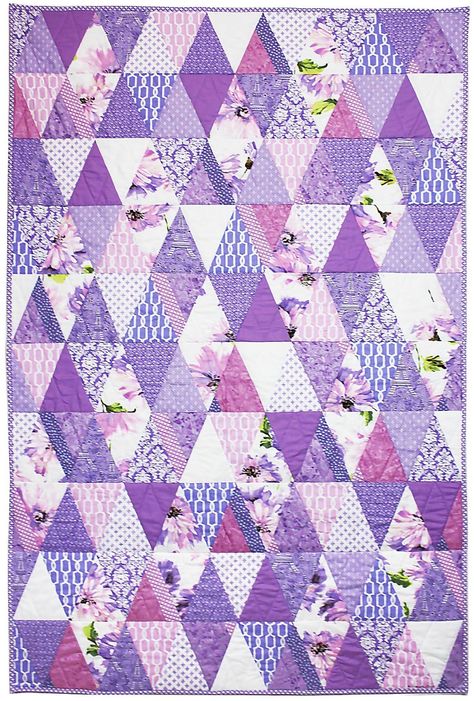 = free pattern = Prism quilt, 40 x 60”, by Marinda Stewart for Michael Miller Fabrics Easy Quilting Design, Triangle Quilt Pattern, Keepsake Quilting, Purple Quilts, Scrap Quilt Patterns, Beginner Quilt Patterns, Pink Quilts, Free Quilt Patterns